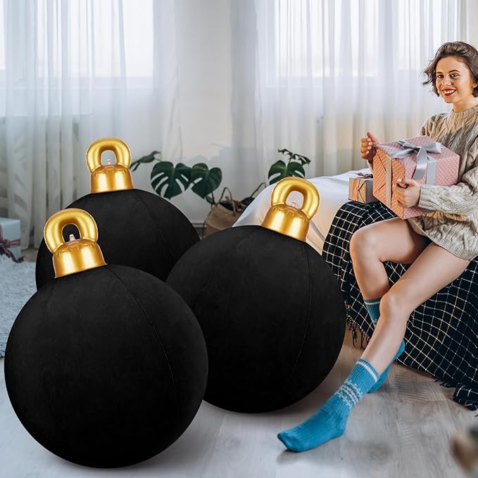 Jetec 3 Pcs 32 Inch Giant Velvet Christmas Inflatable Balls Ornament Flocked Xmas PVC Inflatable Flocked Ball Ornaments for Christmas Holiday Outdoor Blow up Yard Decor(Black)