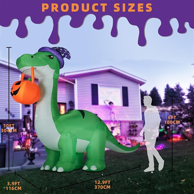 10FT Halloween Inflatable Huge Dinosaur Decorations Outdoor,Halloween Blow Up Yard Decorations Built-in LED Lights,Scary Party Decorations with Witch Hat and Pumpkin,for Garden/Lawn.
