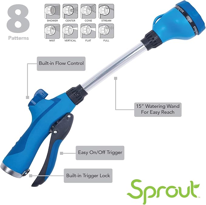 Sprout 65105-AMZ 8-Pattern 15" Watering Wand and QuickConnect Product Adapter Amazon Bundle, Blueberry Blue