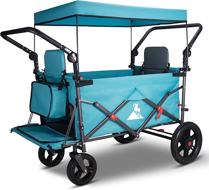 Foldable Wagon with Canopy - Collapsible Utility Cart with 2 Seats & Belts, Adjustable Handle, Expandable Front for Camping, Picnic, Shopping (Turquoise/Grey)