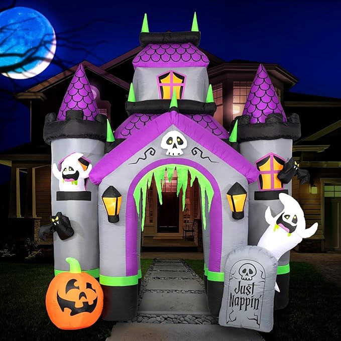 12FT Tall Halloween Inflatable Haunted House Castle, Halloween Blow Up Haunted House Inflatables Built-in 12 Bright LEDs for Halloween Inflatable Outdoor Yard Lawn Garden Decoration