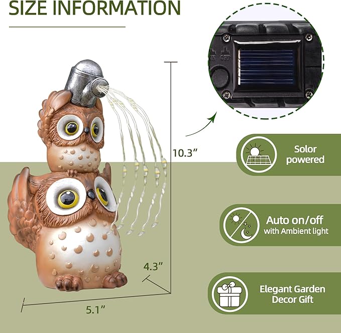 Solar Garden Statues Outdoor Decor, Watering Owl Statue Garden Decor, Resin Yard Decorations Outdoor for Patio, Porch, Balcony, Lawn Ornaments, House Warming Birthday Gifts for Mom Women Grandma