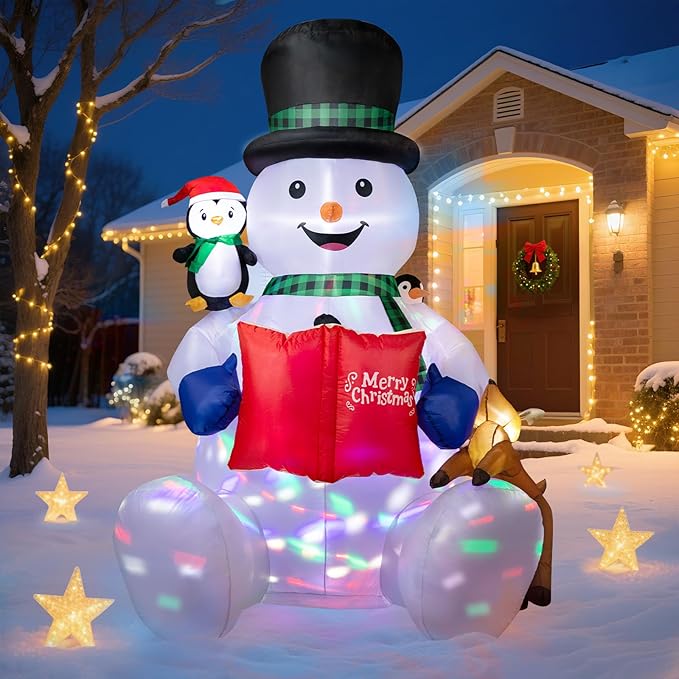 Dawdix 7 FT Christmas Inflatable Snowman Outdoor Decorations, Blow up Snowman Yard Decor Built-in LEDs, Penguin & Reindeer Christmas Decoration, Xmas Holiday Decoration for Indoor Outdoor Garden Lawn