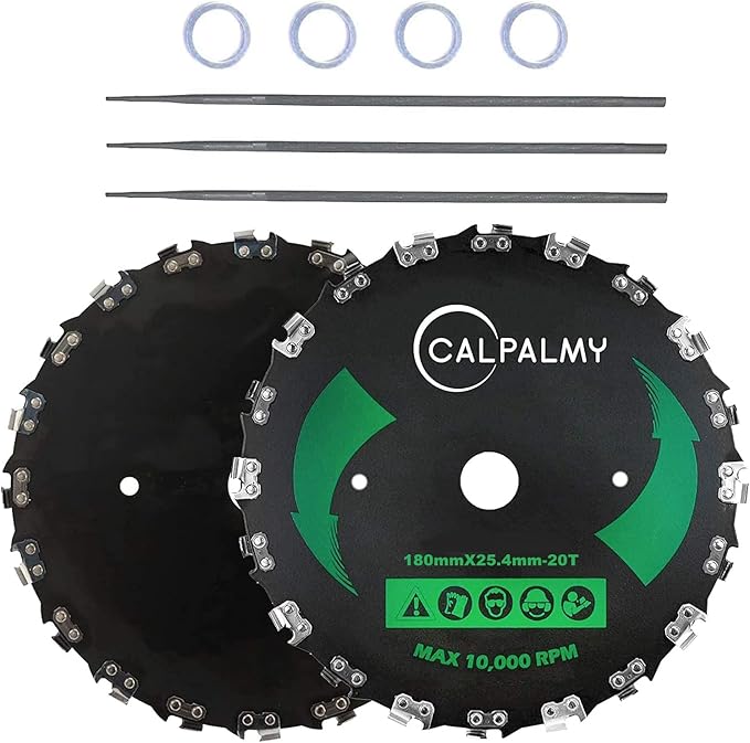 (2-Set) 7" x 20T Chainsaw Tooth Brush Blades – 2 Blades, 3 Assorted Round Files (5/32’’, 3/16'', 11/64'') and 4 Washers | for Cutter, Trimmer, Weed Eater | Made from Carbon Steel, Cuts Like Butter