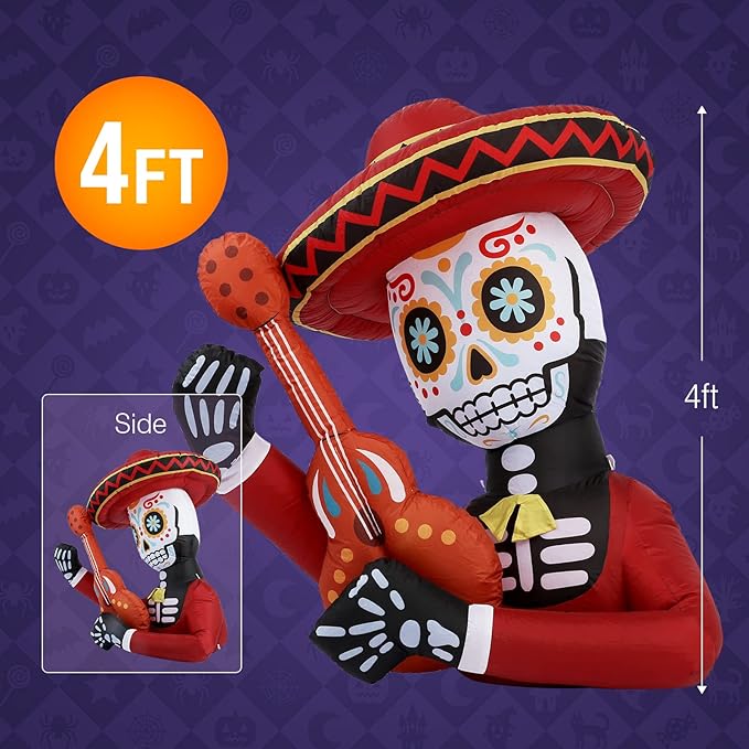 WBHome 4 Ft Halloween Inflatable Outdoor Skull Guitar Decorations, Day of The Dead Blow Up Yard Decor with Built-in LED Light (Plug in) for Lawn Home Dia de Los Muertos Party Indoor Outdoor