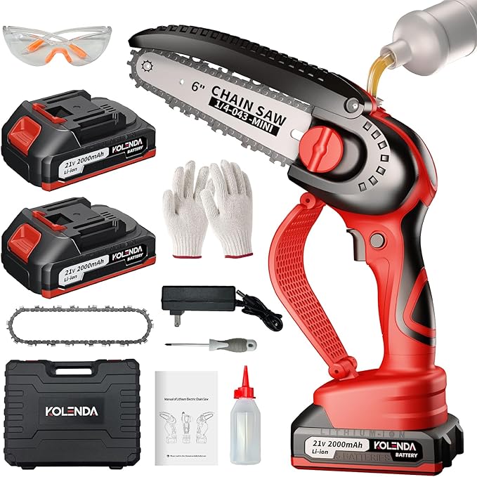 Cordless Mini Chainsaw 6-Inch with Electronic Oil Outlet & LCD Display, 900W 2000mAh Battery, Portable Handheld Electric Chainsaw for Tree Cutting, Courtyard, Garden (2 Batteries Included)
