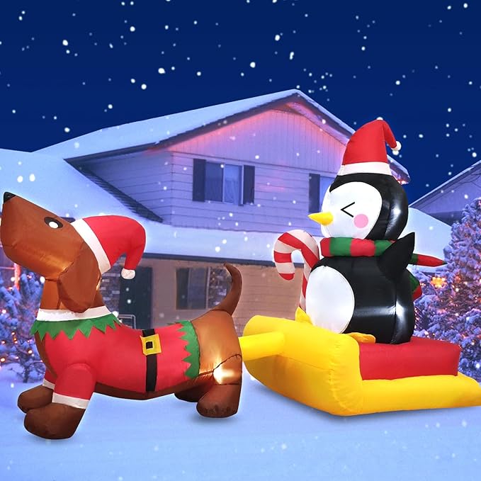 Danxilu 6 FT Long Christmas Inflatable Dog Sled with Penguin Outdoor Decorations- Blow Up Penguin on Dog Sleigh Yard Decorations for Xmas Holiday Indoor Garden Lawn Party Patio Décor