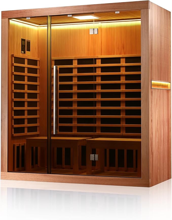 3-4 Person Infrared Sauna - Far Infrared Heating, Bluetooth Speakers, Okoume and Hemlock Wood, Movable Seat for Personalized Comfort