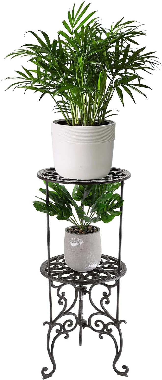 OwnMy Heavy Duty 2 Tiers Cast Iron Plant Stand, Vintage Iron Flower Pot Holder, 2 Layers Tall Decorative Potted Plants Stand Rack, Indoor Outdoor Large Plant Holder for Garden Patio, Retro-Brown