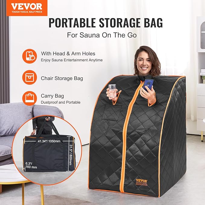 VEVOR Infrared Portable Sauna Tent, 1050W Personal Sauna Kit for Home Spa, Heated Body Therapy, Time & Temperature Remote Control with Chair & Floor Mat & Storage Bag, Black, 2.2’x 2.6’x 3.2’