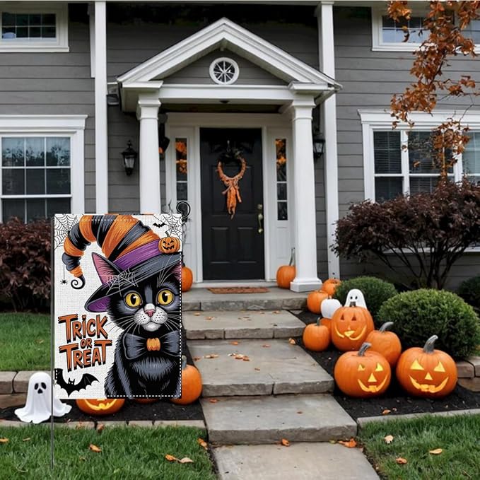 HTBIG Halloween Black Cat Garden Flags, Halloween Trick or Treat Decor, Yard Flags for Outside 12x18 inch, Outside Yard for Home Decorations