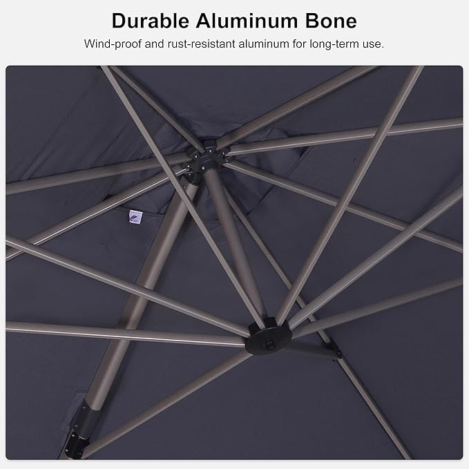 PURPLE LEAF 9' x 11' Patio Umbrella with Base Cantilever Umbrella Rectangular Outdoor Offset Umbrella with Champagne Frame and 360° Rotation for Garden Deck Pool, Light Grey