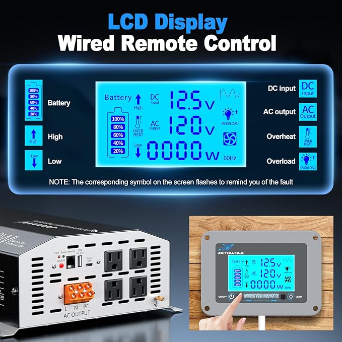 4000 Watt Pure Sine Wave Inverter 12v DC to 110v 120v AC Converter,8000W Peak Power Inverter with 4 AC Outlets,USB Port,Type-C,Remote Control LCD Display for Truck, RV, Vehicles, Solar Off-Grid