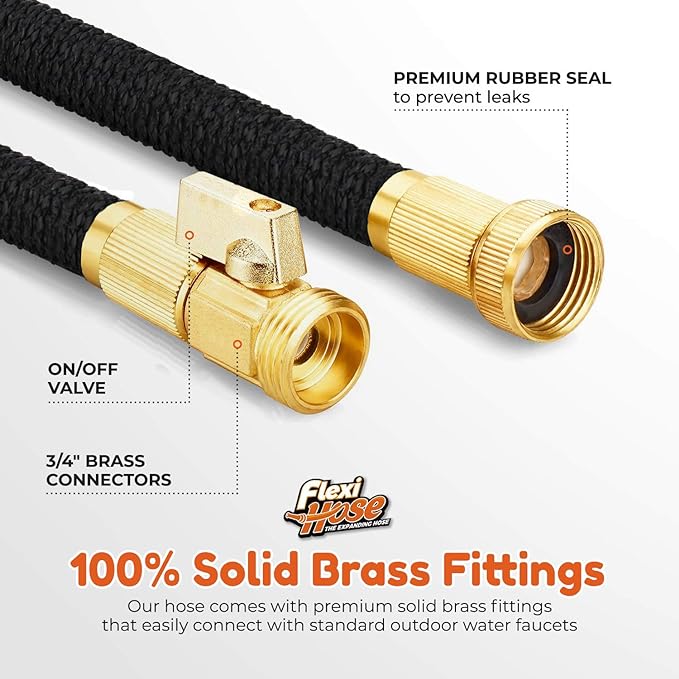 Flexi Hose Lightweight Expandable Garden Hose, No-Kink Flexibility, 3/4 Inch Solid Brass Fittings and Double Latex Core (150 FT, Black)