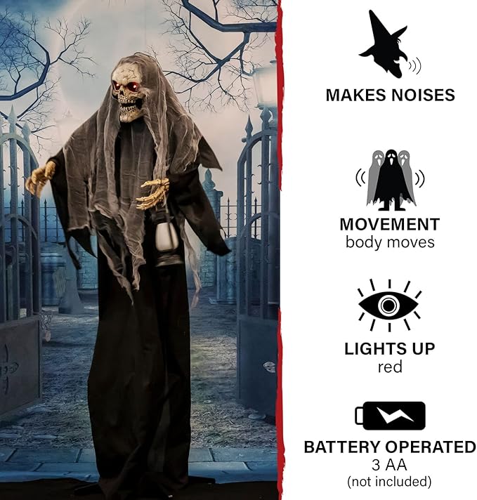 Haunted Hill Farm Life-Size Scary Skeleton Reaper Holding Lantern, Halloween Animatronic with Touch Activated Lights and Sound, Battery Operated Indoor or Covered Outdoor Halloween Decorations