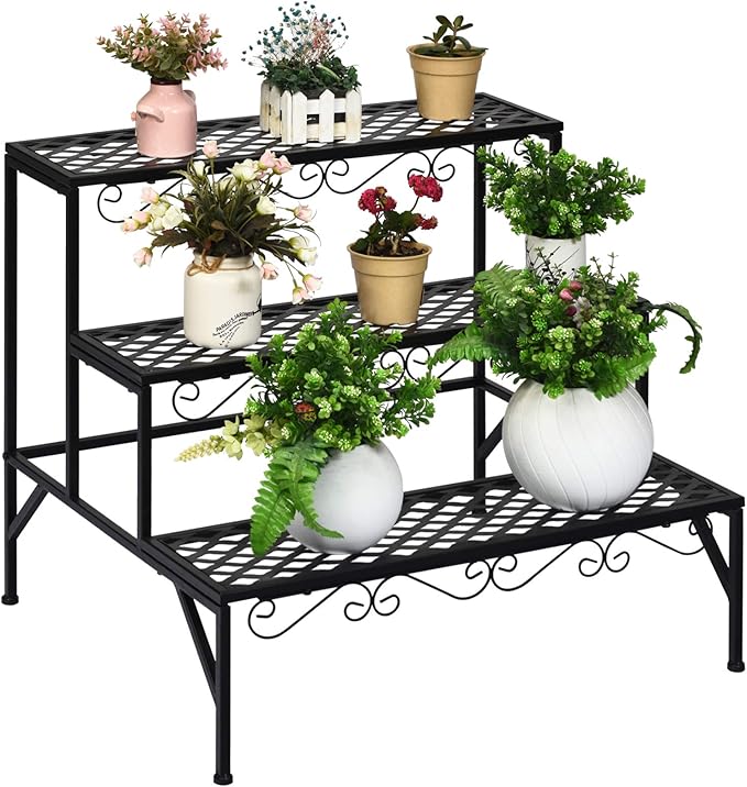Giantex 3 Tiers Black Metal Plant Stand, Metal Plant Shelf Stands w/ 6-9 Flower Potted Capacity Holders, Multiple Flower Pot Display Rack for Plants Patio Garden Corner Indoor (Rectangular)