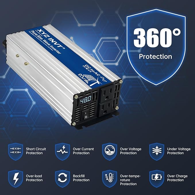 800W Pure Sine Wave Power Inverter DC 48V to AC 110V/120V, 1600W Peak, Car/Truck Power Converter for Solar, Home, Vehicle & Rechargeable Devices with LED Display