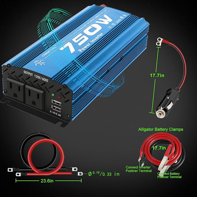 750W Modified Sine Wave Power Inverter DC 12V to AC 110V, Peak 1500 Watt, Car Plug Inverter Adapter Power Converter with 4.2A Dual USB Charging Ports and 2 AC Outlets Car Charger Blue