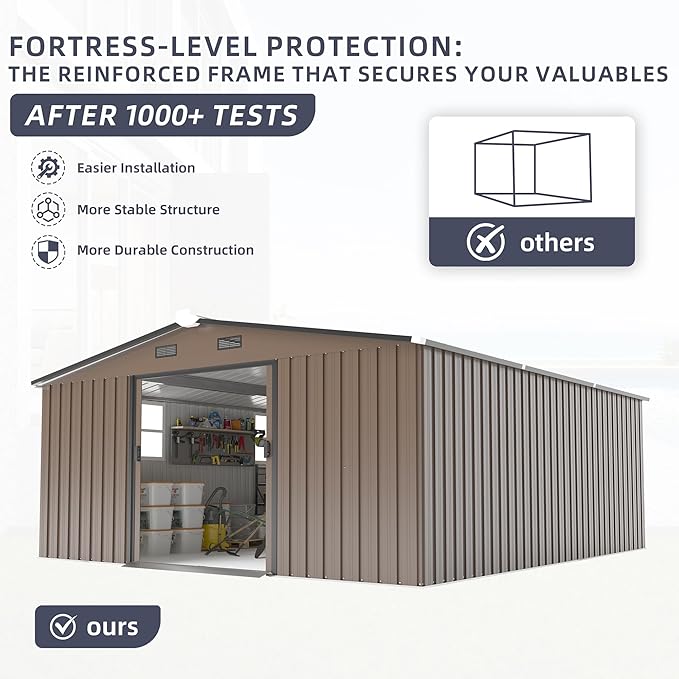 10×12 Ft Metal Shed Outdoor Storage with Two Daylight Windows, 0.25mm Galvanized Steel Metal Garden Shed Waterproof with Lockable Door for Backyard, Patio, Garden，Brown