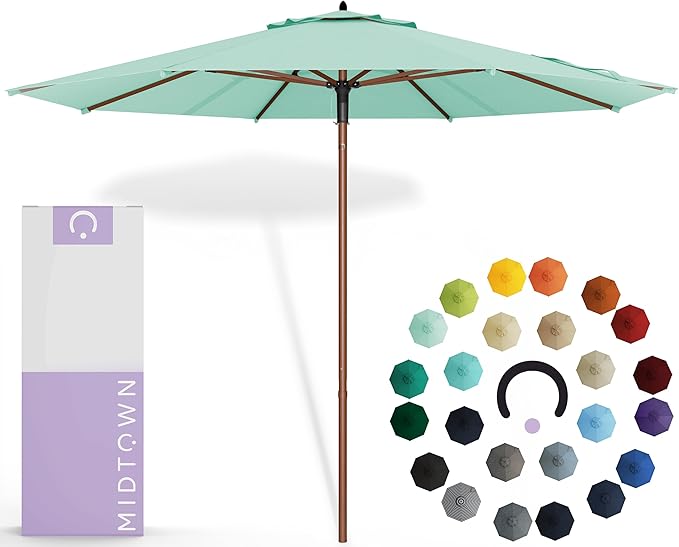 Midtown Umbrellas The Wooden 8 Feet Patio Umbrella With Sunbrella Canvas Glacier Acrylic Fabric - Aluminum Frame Market Umbrella For Backyard, Deck, Garden, Pool - Wooden Pole