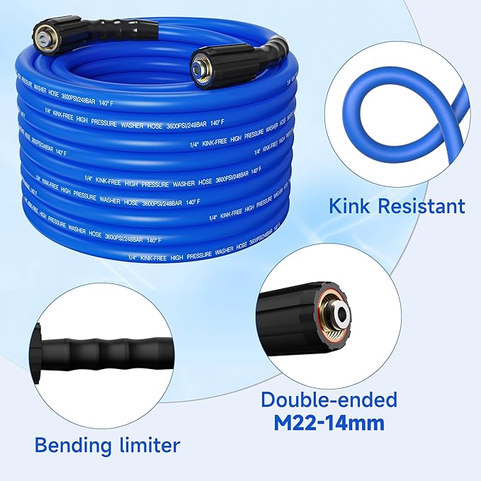 Pressure Washer Hose 100FT 1/4'' Kink Resistant 3600 PSI Power Washer Hose Extension with Leak-Free M22 Female and 3/8" Quick Connection Kit (100FT)