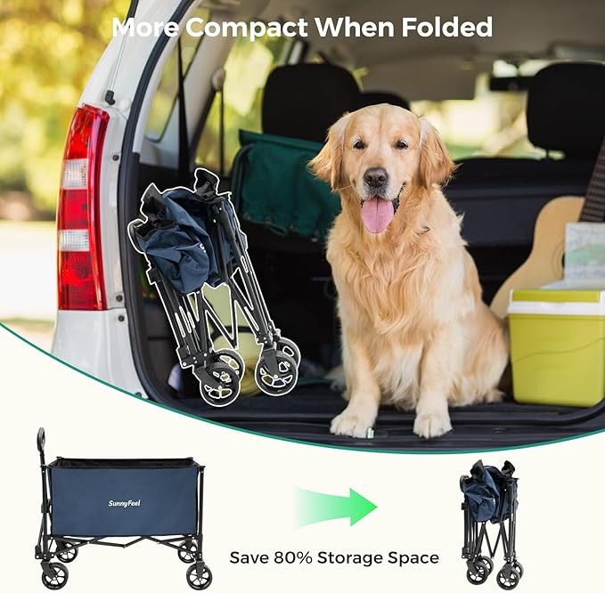 SUNNYFEEL Collapsible Wagon Cart with Wheels Foldable - 176lbs Standard Borderless Version Wagon Carts for Grocery Sports Garden Shopping Camping(Blue, 164L)