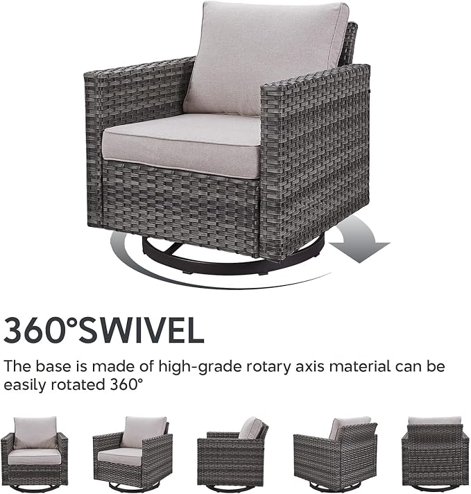 5 Piece Wicker Patio Furniture Set - Outdoor Swivel Rocker Chairs Set with 3 Seat Sofa and Ottomans, Small Patio Conversation Sets Proch Furniture for Balcony Deck - Grey/Beige