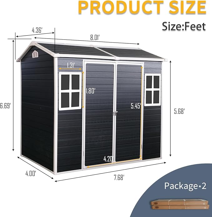 8x4ft Resin Outdoor Storage Shed with Two-Window and Double-Door, Plastic Shed with Floor for Gargen, Patio, Yard, Lawn, Grey (1 Doors) (Black, 4x8ft)