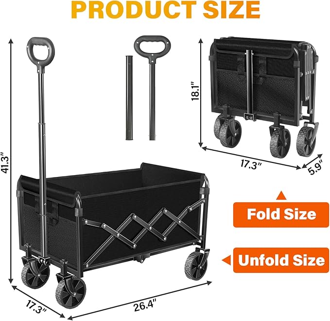 Wagons Carts Foldable - Collapsible Wagon Cart with Wheels Foldable - Folding Utility Heavy Duty Wagons Carts for Grocery Camping Sports Shopping Garden