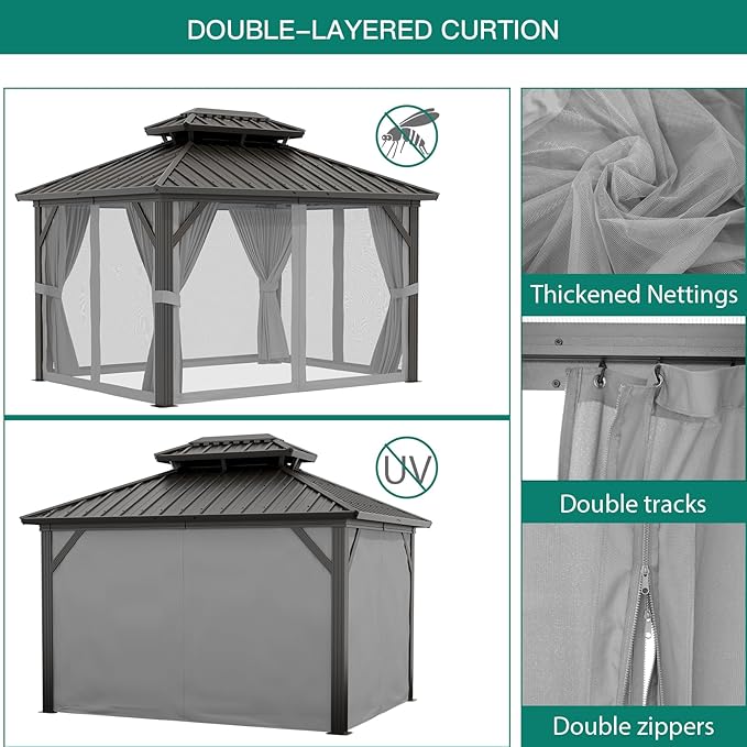 12'x10' Hardtop Gazebo, Heavy Duty Aluminum Permanent Hardtop Gazebo Outdoor Pavilion with Curtains and Netting for Garden (Gray, 12'x10')