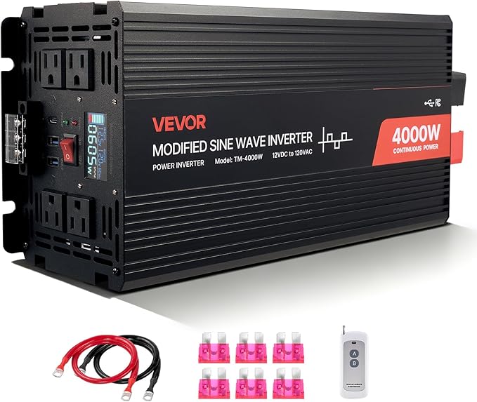 VEVOR 4000W Power Inverter, 12V DC to 120V AC Modified Sine Wave Inverter, Solar Car Charger Converter with LCD Display, Remote Control, 2 USB Ports, 4 AC Outlets, Type-C Port, for RV, Truck Outdoor