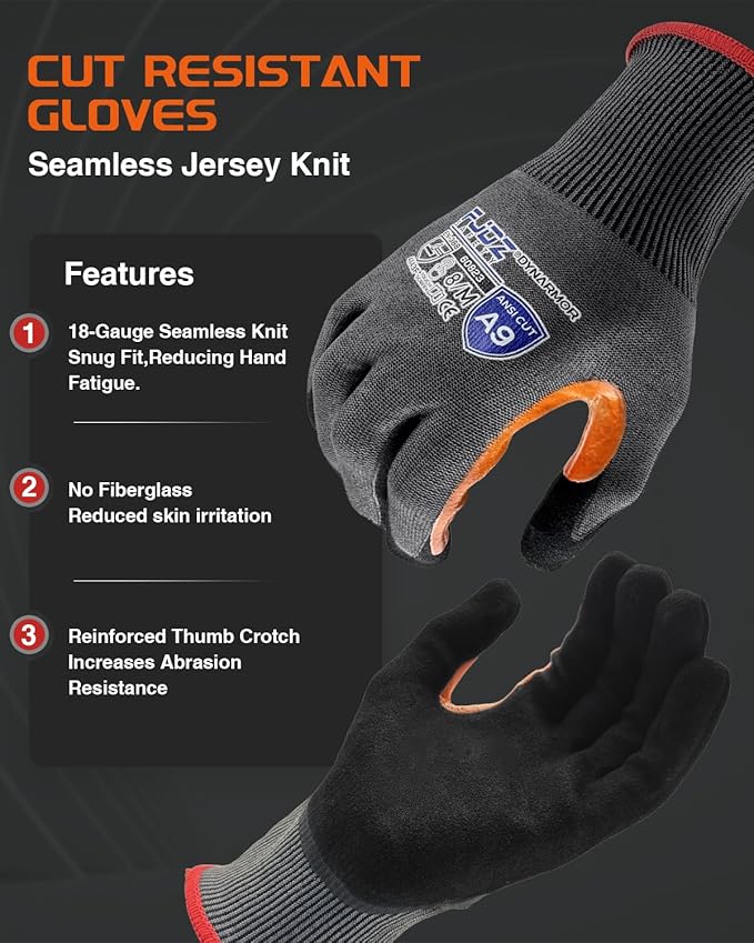 A9 Cut Resistant Work Gloves, 18 Gauge Ultra-light Foam Nitrile Coated Touchscreen ANSI A3 A4 A6 A9 Cutting Glove