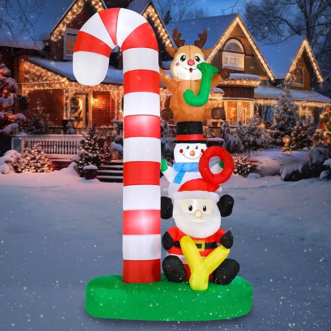 MUMTOP Christmas Inflatable Outdoor Decoration, 7.8 FT Candy Cane Christmas Inflatables with Joy Sign, Elk, Snowman and Santa Blow Up Lighted Holiday Displays for Garden Yard Outside Winter Decor