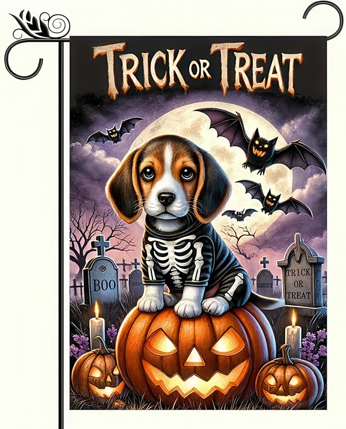 Happy Halloween Garden Flags for Outside Decoration,Beagle Skeleton Dog and Pumpkin Welcome Garden Flag for Outdoor Decor 12x18 Inch Vertical Double Sided