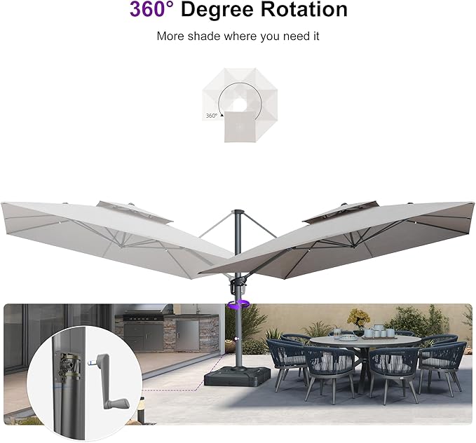 PURPLE LEAF 12FT Sunbrella Patio Umbrella Outdoor Double Top Large Offset Hanging Cantilever Umbrella 360° Rotation Square Umbrella for Garden Deck Pool Backyard Cast Ash