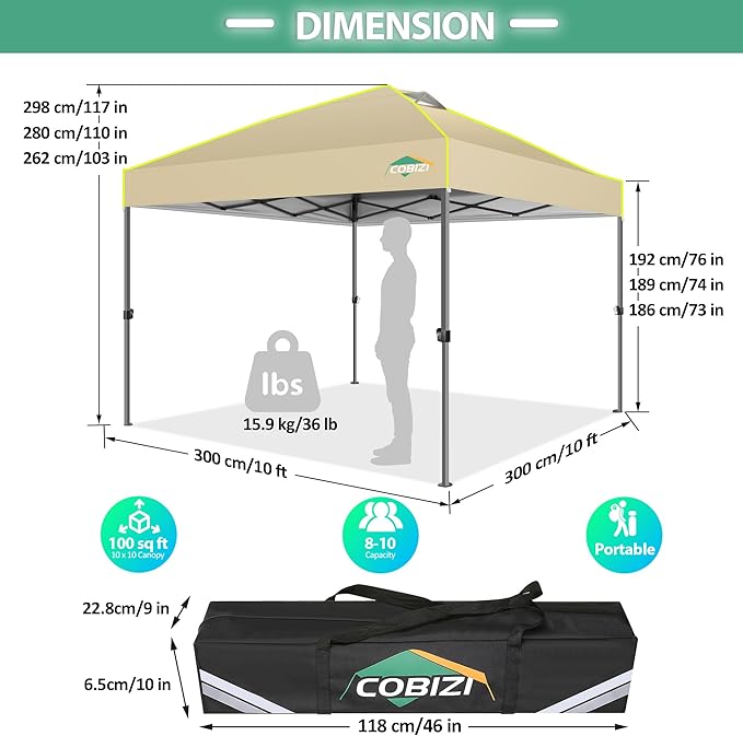 COBIZI Canopy 10x10 Pop Up Canopy Tent 1-Button Push Easy up Outdoor Canopy Instant Portable Commercial Shelter Waterproof UPF50+ Gazebo with Reflective Strip, Air Vent & 4 Sandbags,Khaki