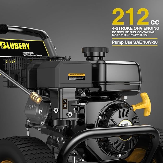 BLUBERY Gas Pressure Washer, 3600 PSI Pressure Washer，2.7 GPM Heavy Duty Power Washer, 30 feet Pressure Hose&Soap Tank,4-Stroke OHV 212cc Engine,Portable Industrial Style,Black