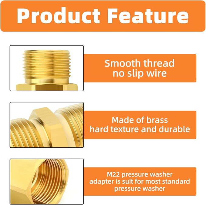 GASHER 4Pcs Brass M22 Pressure Washer Fitting,M22-14mm Male x M22-14mm Female And M22-14mm MaleThread Fittings,For Pressure Washer Hose