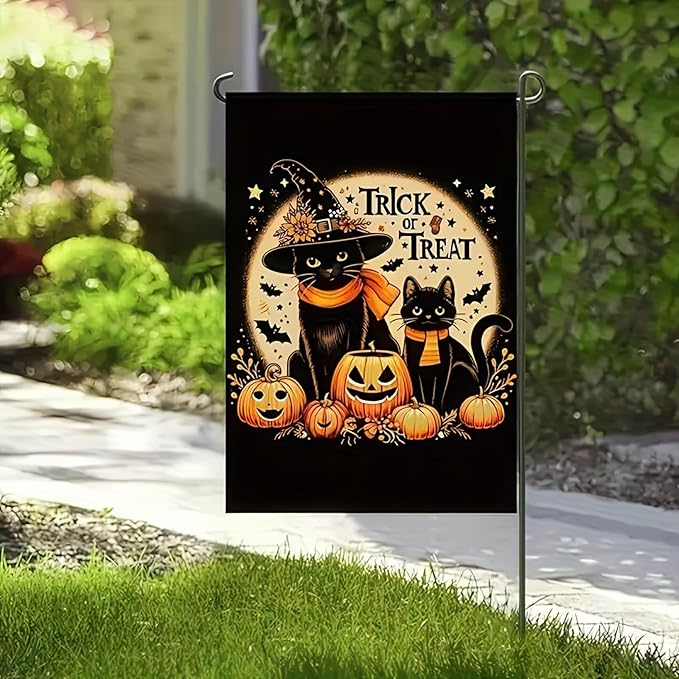 Halloween Ghost Black Cat Garden Flag 12 x 18 Inch Double Sided Spooky Pumpkin Welcome Yard Flag Holiday Seasonal Outdoor Outside Decoration Halloween Cat Garden Flag