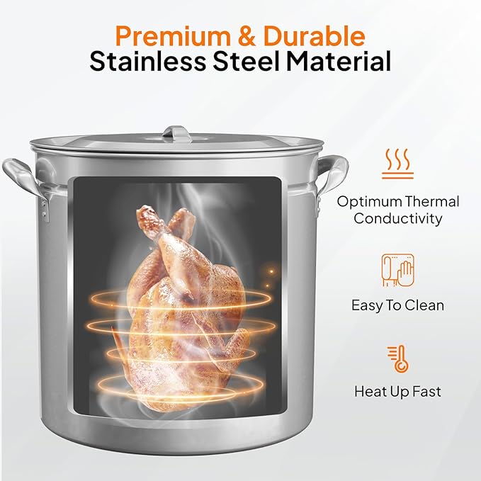 Bonnlo 102QT Stainless Steel Stock Pot for Boiling Seafood, Crawfish lobster & Crab, Frying Turkey & Steaming Tamales, Large Boil Pot with Steamer Basket, Lid, Lifting Hook for Outdoor Cooking Patio