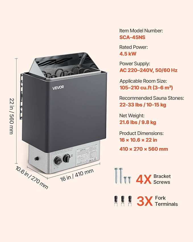 VEVOR Sauna Heater,220V Electric Sauna Stove, Steam Bath Sauna Heater 3h Timer and Adjustable Temp for Max. 176-318 Cubic Feet, (4.5KW) FCC Certification