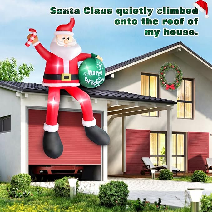 8 FT Christmas Inflatable Santa Claus Outdoor Decorations, Blow up Sitting Santa Claus with Gift Bag, Climbing Santa Carrying Present Sack Sitting on Roof, Xmas Yard Patio Bench Shrubs Indoor Decor