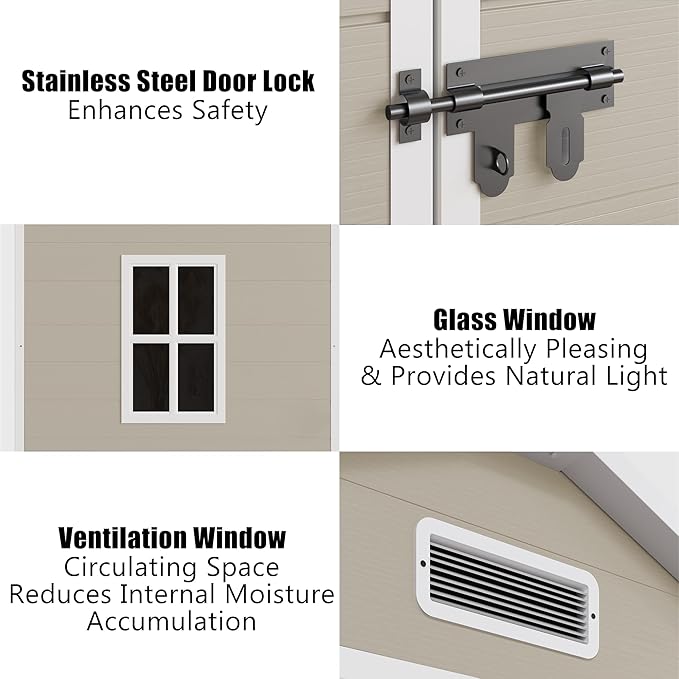 Outdoor Shed 5x3/6x4/7x7/8x6/8x10/8x12 FT, 15MM Thick PP Resin Plastic Shed with Lockable Door & Floor - Waterproof Plastic Tool Shed for Bike, Garbage Can, Backyard, Patio ﻿ ﻿ (Light Brown, 8x6FT)