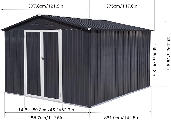 10x12 FT Metal Outdoor Storage Shed & Double Hinged Large Door - Heavy-Duty Shed with Floor, Lockable & Ventilation - Rainproof Windproof Large Utility Garden Shed for Backyard Patio Lawn-Dark Gray