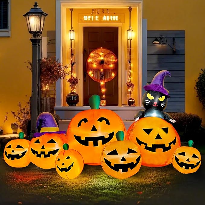 8 FT Long Halloween Inflatables Pumpkin Outdoor Decorations, 7 Pumpkins Outside Decoration with Black Cat with Build-in LEDs Blow Up Inflatables for Party Yard Lawn Garden Decor