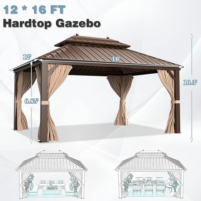 MELLCOM 12'x16' Hardtop Gazebo, Galvanized Steel Double Roof Canopy with Aluminum Frame, Permanent Metal Pavilion Gazebos with Netting and Curtains for Patio, Gardens and Lawns