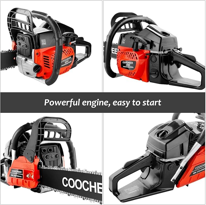 COOCHEER 62CC Gas Chainsaw, 20” 2-Stroke Portable Top Handle Woodcutting Saw with 2 Chain and Tool Kit, Chain saw Gas power for Tree Stumps, Tree Felling(Upgraded)