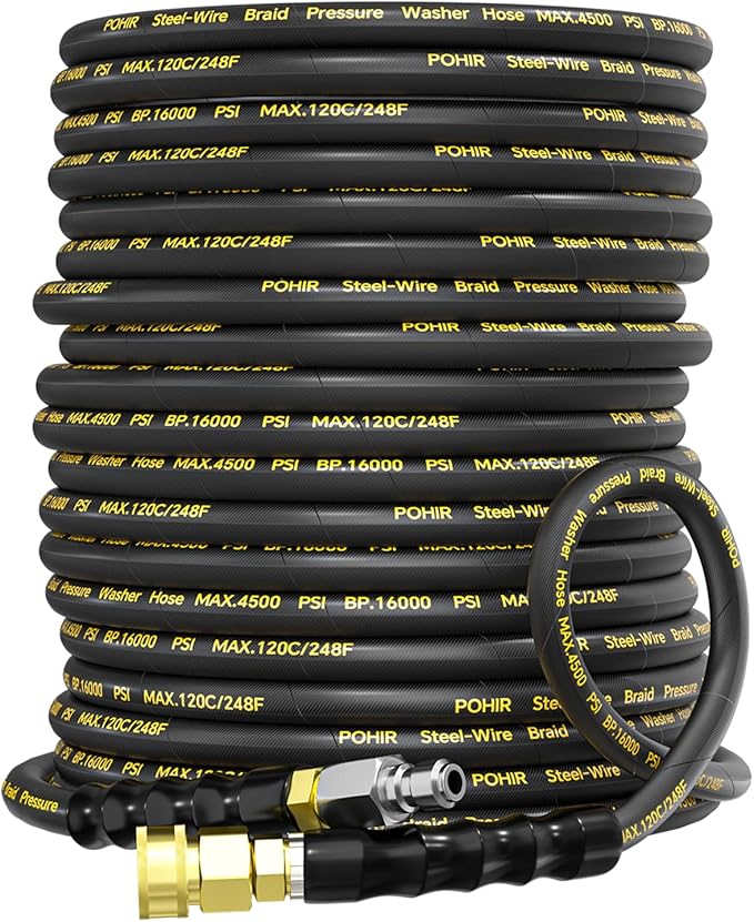 POHIR Pressure Washer Hose 70ft 4500PSI, Power Washer Hose Steel Wire Braided 3/8'' Swivel Quick Connect, 5/16'' ID. Commercial Grade Industrial High Pressure Water Washing Hose