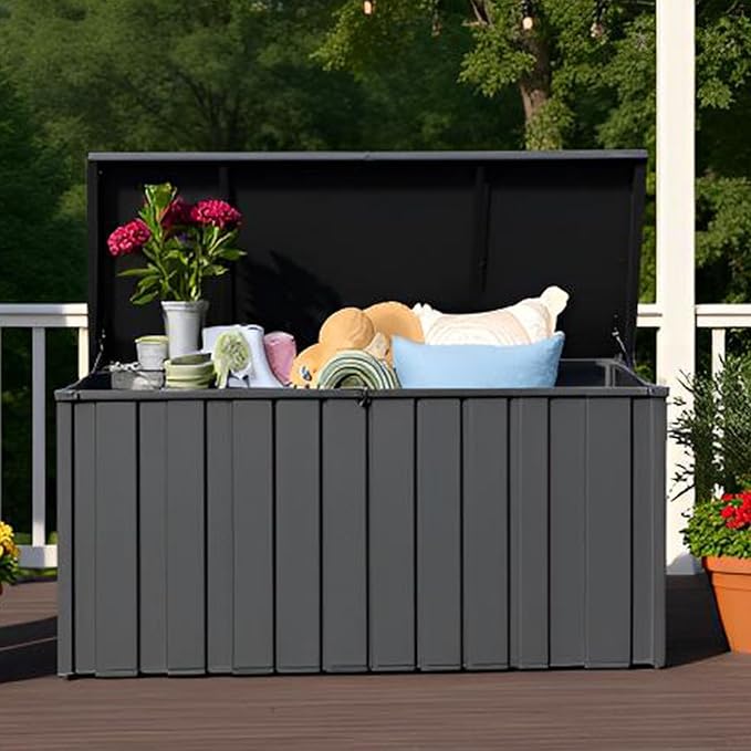 LANTRO JS 100 Gallon Metal Deck Box, Outdoor Storage Box Waterproof with Wheels, Lockable Storage Container for Patio Furniture Cushions Garden Tools, Dark Gray