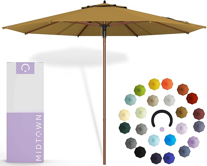 Midtown Umbrellas The Wooden 9 Feet Patio Umbrella With Terylast Sand (Tan) Polyester Fabric - Aluminum Frame Market Umbrella For Backyard, Deck, Garden, Pool - Wooden Pole